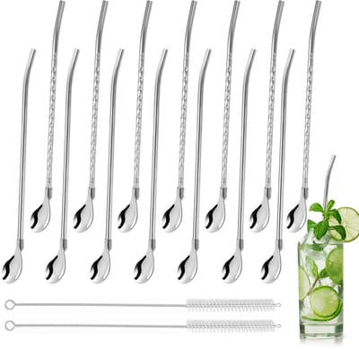Dailygoods- Rietjes met Lepel Design - 16 Stuks Rietjes - Roestvrij Staal - Herbruikbaar - Inclusief Reinigingsborstels - Geschikt voor Dranken - Lepelrietje