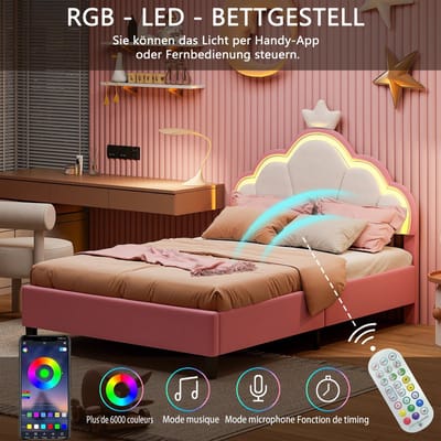 M-Goods - Kinderbed 90x200 cm met RGB LED Verlichting – Roze Prinsessenbed met Kroon Hoofdbord – Gestoffeerd Eenpersoonsbed met Lattenbodem – Kinderkamer Bedframe