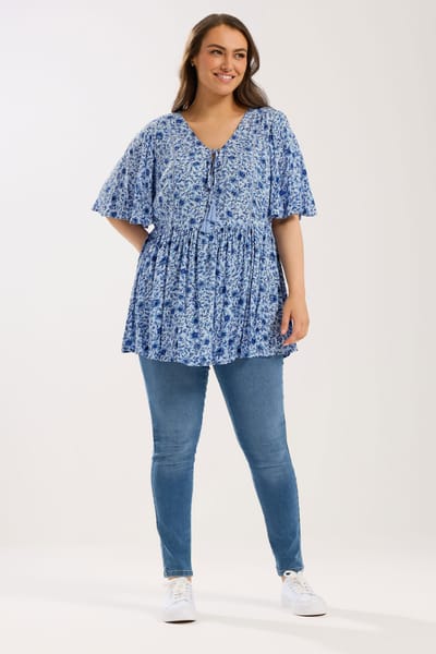 Yours Blauwe Top Met Bloemenprint En Strik Aan De Hals Size 42