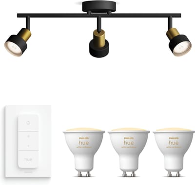 Philips Hue Conduit Opbouwspot (Zwart/Goud) - Warm tot Koelwit Licht - Incl. Hue Dimmer Switch - Plafondspot met 3 Lichtpunten - GU10 - Hue White Ambiance