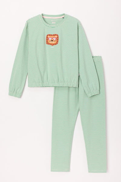 Woody pyjama meisjes/dames - lichtroze/groen gestreept - leeuw - 241-10-PZB-Z/912 - maat 152