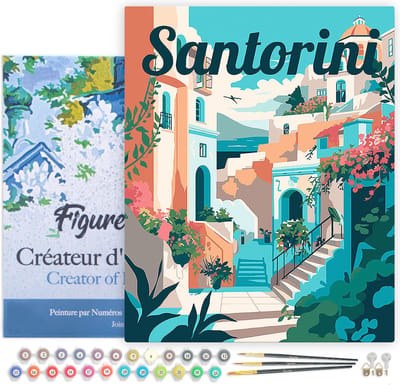 Figured'Art Schilderen op Nummer Volwassenen met lijst Reisposter Santorini in Bloei - Handwerk acrylverf Kit DIY Compleet - 40x50cm Canvas al ingelijst