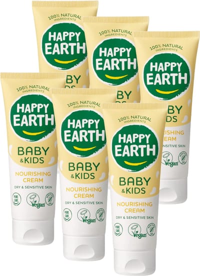 Happy Earth Bundel Voedende Crème Baby & Kids - 100% Natuurlijke Ingrediënten - Microplasticvrij - 0% SLS/SLES - Babyverzorging – Geschikt voor pasgeborenen en de droge babyhuid – 6 x 75mL - Voordeelverpakking