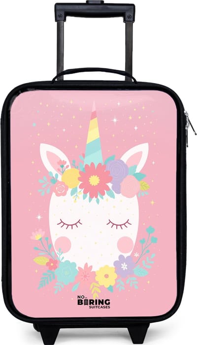 NoBoringSuitcases.com® - Kinderkoffer jongen - Kindertrolley meisje - Eenhoorn - Bloemen - Roze - Koffer kind lichtgewicht - Reiskoffer trolley voor kinderen - Koffertje met lichtgevende wieltjes - Rolkoffer zwart