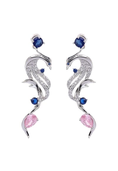 AVANT-GARDE PARIS Curvy Bird Oorbellen - Zilver met blauwe en roze stenen - 1 paar - Rhodium Plated en 5.0cm lang