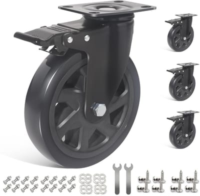 Set van 4 Zwenkwielen voor Meubels - Zware Kwaliteit Draagvermogen 1000kg - Zwenkwielen met Rem en Schroeven - 150mm Rubber Trolleywielen