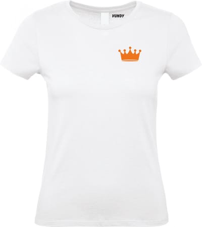 Dames t-shirt Kroontje Klein Oranje | Koningsdag kleding | Oranje Shirt | Wit Dames | maat XS