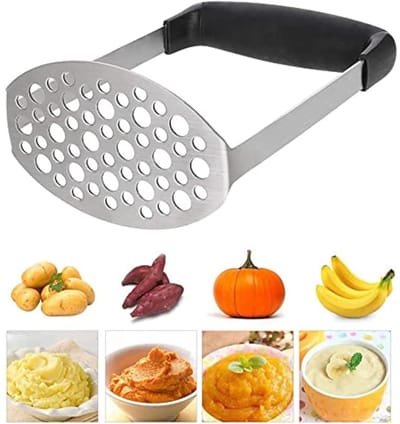 TOVBMUP Keukenstamper - Aardappelstamper - Groentestamper - 17,5 x 11 cm - Ergonomisch antislip handvat - Roestvrij staal en kunststof - Geschikt voor vaatwasser - 6 mm en 9 mm perforatie