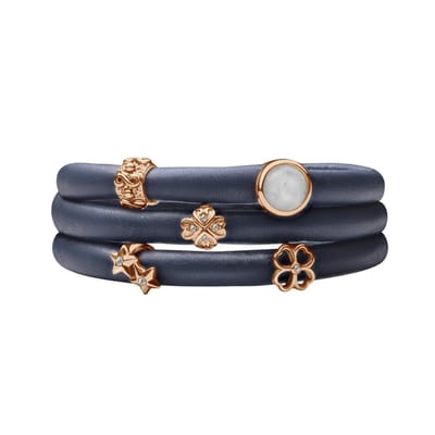 Quiges - Leren Wikkelarmband Blauw 66cm met Aanschuif Bedels Roségoudkleurig - RVS Magneetsluiting - ELBS112