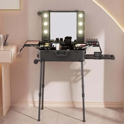 Make-uptrolley met aluminium frame, wielen en spiegel met licht
