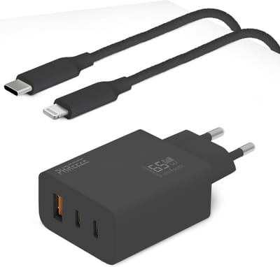 65w usb C stekker geschikt voor iPhone 14/13/12/11/X + Lightning naar usb-C kabel 1 meter - Zwart