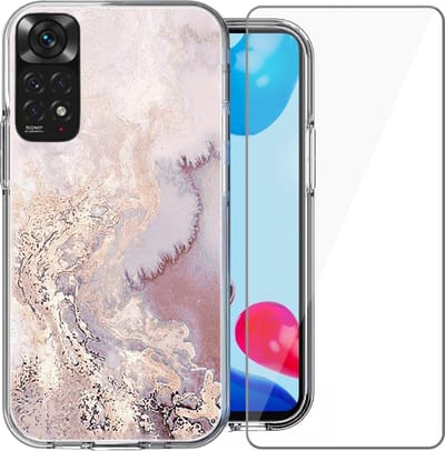 Hoesje geschikt voor Xiaomi Redmi Note 11 - Back Cover Siliconen Case Marmeren Hoes Roze + Screen Protector Gehard Glas Screenprotector
