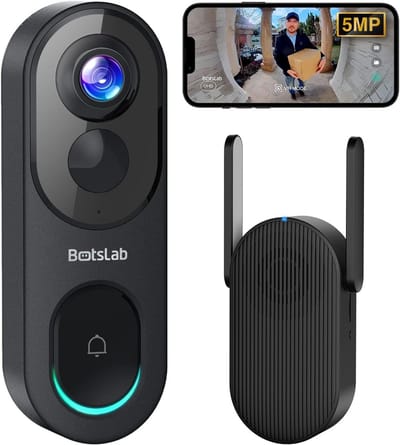 BOTSLAB 5MP Batterij Deurbel met Camera, Draadloze Video Deurbel met 1:1 Hoofd-Voet Zicht, 360° Slimme Video Deurbel met AI/Radar/PIR Detectie, 2.4 GHz Wi-Fi, 2-weg Audio, Geen Maandelijkse Kosten