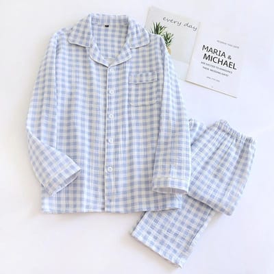 Nieuwe Lente Koppel Pyjama Set 100% Katoen Lange Mouw Broek Tweedelig Ruit Heren en Dames Huiskleding XL white