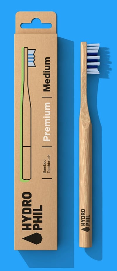Hydrophil Premium Tandenborstel Bamboe Medium 1 stuks - plasticvrij, vegan, dierproefvrij, BPA-vrij, voor volwassenen, handvat bamboe