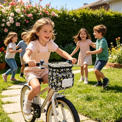 Kinderfietsmand - Scooter opbergmand - Buiten avonturen - Waterdichte opslag - 21x16x22 Cm - Zwart met bloemen