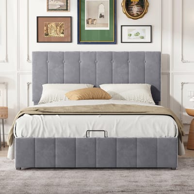 VVBV Gestoffeerd Bed 140x200 cm met Lattenbodem, Verstelbaar Hoofdbord - Voor Kinderen/Tieners - Metaal/Fluweel Grijs