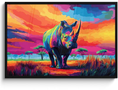Poster in lijst - Fotolijst 120x80 cm - Posters - Neushoorn - Zonsondergang - Savanna - Kleurrijk - Posterlijst zwart - Decoratie - Wanddecoratie woonkamer - Muurdecoratie slaapkamer