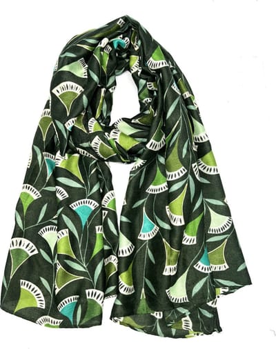 Lange dames sjaal Amorina fantasiemotief groen wit goud olijf donker lime donker evergreen donker mos mint