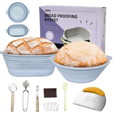 Brood Bakset - Zuurdesem Starter - Brood Bakken Thuis - Opvouwbare Siliconen Manden - 2 Stuks - Blauw