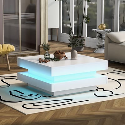 MODENUIT Salontafel - Draaibaar Blad Met LED-Verlichting - Voor Woonkamer - Spaanplaat Wit - 70x70x36 Cm