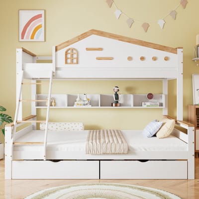 MODFU Kinderstapelbed 90x200 cm – Met contrasterende reling, 2 lades, raam & open rek – Wit/naturel