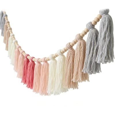 Boho Kwastenslinger met Houten Kralen Wanddecoratie Kwastjes Banner voor Klaslokaal Slaapkamer Kinderkamer Decoratie Roze