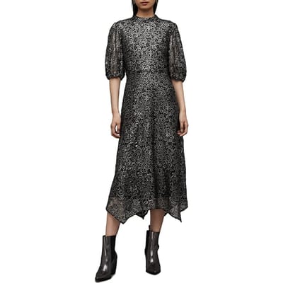 AllSaints Camila Broderie Dres Gunmetal Grey Maat: 2 | Midi Jurken Outlet | Dames | Zwart