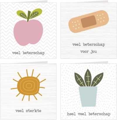 4x Beterschapskaarten / wenskaarten / set kaarten en enveloppen | Beterschap & Sterkte