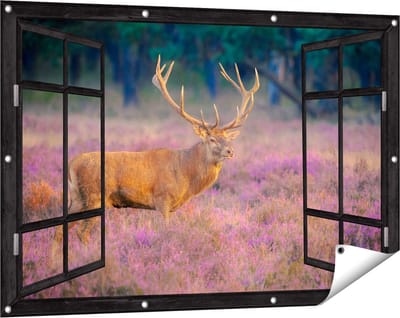 Gards Tuinposter Doorkijk Hert in de Weide tijdens Zonsondergang - 120x80 cm - Tuindoek - Tuindecoratie - Wanddecoratie buiten - Tuinschilderij