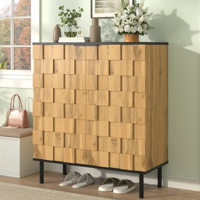 MODFU - Schoenenkast - Mozaïekdeuren En Verstelbare Planken - Scandinavische Stijl - Voor Hal - Spaanplaat - Naturel