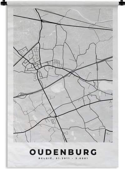 Wandkleed - Wanddoek - Stadskaart – Zwart Wit - Kaart – Oudenburg – België – Plattegrond - 120x180 cm - Wandtapijt