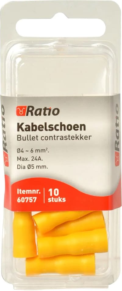 Ratio Kabelschoen Bullet contrastekker 4-6mm² - Geel - 10st in blister