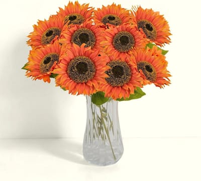 8 Bundels Kunstmatige Zonnebloemen in Oranje en Rood - Lange Steel, Zijde en Plastic voor Thuis, Kantoor, Bruiloften en Tuin Decoratie