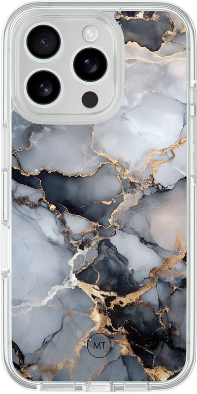 Hybride hoesje geschikt voor iPhone 16 Pro - Marble mist - Extra bescherming - Luxe beschermhoes - TPU case - Transparant, Grijs, Goud - Mooie Telefoonhoesjes