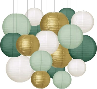 Thijox - 20 stuks papieren lampions saliegroen, ronde hangende lantaarns, geribbelde papieren lampenkap voor bruiloft, babyshower, tuinfeest, 15-25 cm