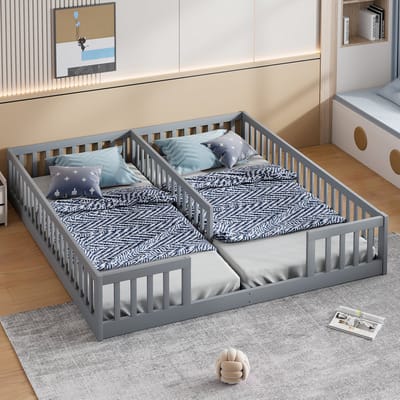 MEUNIQ kinderbed 2 x 90 x 200 cm met veiligheidshekken en lattenbodem, laag bedframe van grenenhout en MDF, zonder matras, grijs, voor kinderkamer