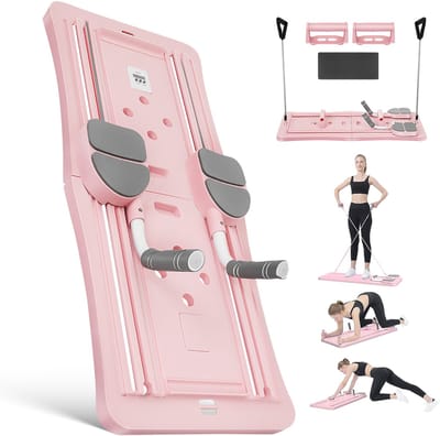 Pilates Buikspiertrainer – Multifunctionele Ab Board voor Thuisworkouts – Inclusief Weerstandsbanden, Buikspierwielen & Push-up Handvatten – Draagbare Core Trainer voor Vrouwen & Mannen – Roze