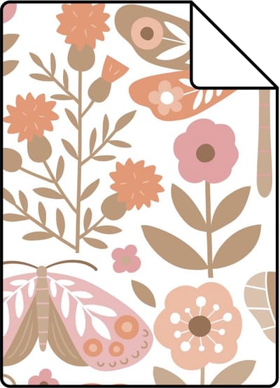 Proefstaal ESTAhome behang bloemen & vlinders wit, bruin en roze - 26.5 x 21 cm - 131884-S