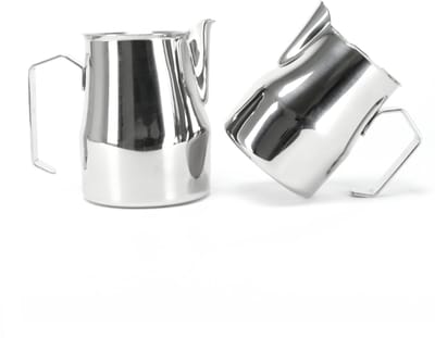 Melkkannetje Opschuim Set – Zilver – 2 Stuks – 350ml + 500ml - RVS - Italiaans – RVS – Melkopschuimkan – Melkkan – Espressomachine - Barista Essentials