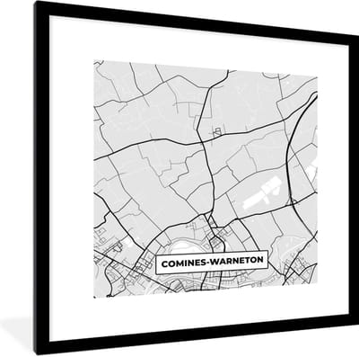 Fotolijst incl. Poster Zwart Wit- België – Comines Warneton – Stadskaart – Kaart – Zwart Wit – Plattegrond - 40x40 cm - Posterlijst