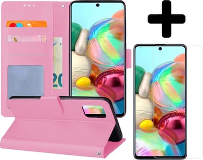 Hoesje - Met Screenprotector - Geschikt voor Samsung Galaxy A71 - Luxe Pasjeshouder - Flipcase - Bookcase Portemonee - Flip Case - Kunstleer Book Case - Book Cover - Walletcase - Portemonneehoes - Telefoonhoes - Lichtroze