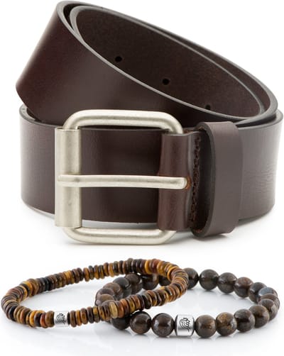 DTCH.FIT Kralen Armband Kent Cognac one size & Jeansriem Dean Donkerbruin - 4cm breed - 85cm - totale lengte 100cm