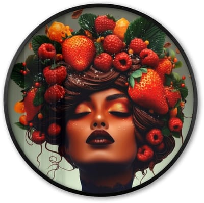 Poster in lijst Rond - Fotolijst 60x60 cm - Posters - Vrouw - Chocolade - Frambozen - Aardbeien - Koekjes - Ronde posterlijst zwart - Decoratie - Wanddecoratie woonkamer - Muurdecoratie slaapkamer