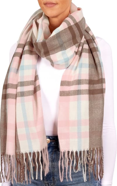 BRUBAKER Cashmirillo sjaal geruit voor dames en heren, 70 x 200 cm, warm, behaaglijk en oversized, wollen sjaal met zacht kasjmiergevoel, Roze, blauw en beige geruit, Eén Maat - Moederdag Cadeautje