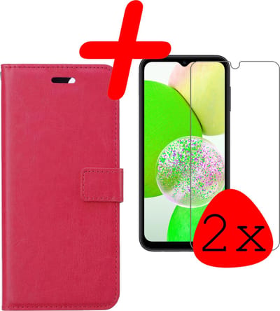 Hoesje Met 2x Screenprotector - Geschikt voor Samsung Galaxy A14 - Luxe Pasjeshouder - Bookcase Portemonee - Flip Case - Kunstleer Book Case - Flipcase Hoes - Book Cover - Walletcase - Portemonneehoes - Donkerroze
