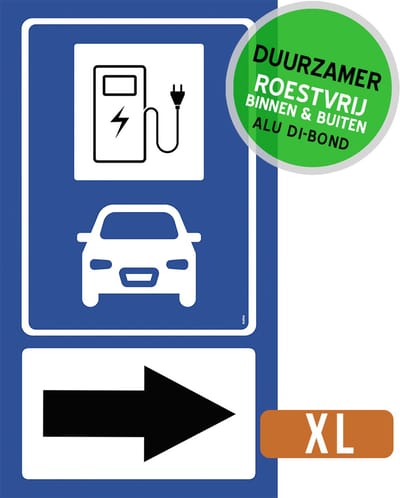 Pictogram/ bord XL Dibond | Parkeerplaats elektrische wagens - pijl naar rechts | 27 x 50 cm | Laden | Pijlen | Laadpaal | Laadpunt | 1 stuk