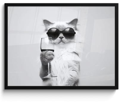 Poster in lijst - Fotolijst 70x50 cm - Posters - Kat - Zonnebril - Wijnglas - Langharig - Posterlijst zwart - Decoratie - Wanddecoratie woonkamer - Muurdecoratie slaapkamer