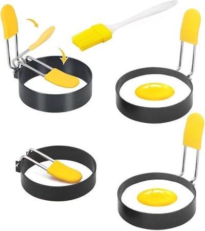 Ei Bakvorm - 4 Stuks - Rvs - Ei Pannenkoek - Fried Egg Mold - Ei Ring - Gebakken Ei Pancake - Met Oliekwastje - Eieren Bakken - Ei Vorm - Ei Vormen - Ei Vormpjes - Perfect Rond Eitje - Bakvorm - Rond - Zwart