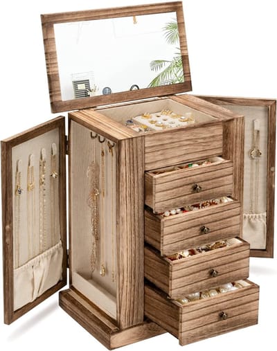 Grote Houten Sieradendoos met 5 Lagen en Spiegel - Organiser voor Kettingen, Ringen en Armbanden
